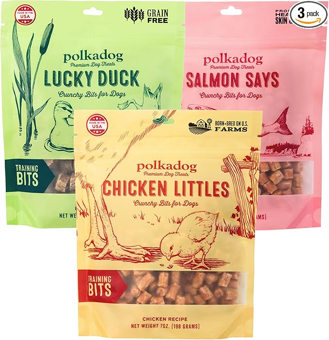 Polkadog Crunchy Training Bits Variety 3 Pack - Chicken Littles, Lucky Duck, Salmon Says, All Natural, Limited Ingredient, Training Treats for Dogs, Great for Allergies, Handcrafted in USA - 7oz (3pk)