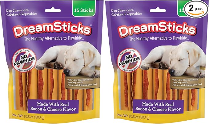 DreamBone DreamSticks with Real Bacon and Cheese Flavor, Rawhide Free Dog Chew Sticks, (Pack of 30)