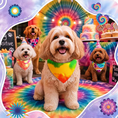 Abbylike 50 Pieces Tie Dye Dog Bandanas Bulk Colorful Hippie Pattern Dog Bandanas for Dogs Triangle Kerchief Scarf Bibs Set for Pets Summer Party Costume Accessories, 25 Styles (19.7 x 13.8 x 13.8)