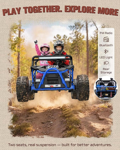 First Ride On 36V Kids Ride On UTV, 2-Seater 400W Electric Car for Kids 6+, 5-8 MPH Speed, 14" EVA Wheels, Metal Frame, Bluetooth Music, Rear Metal Suspension Off-Road Vehicle (Cobalt Blue)