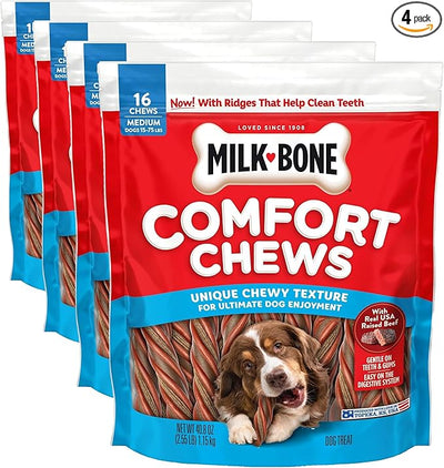 Milk-Bone Comfort Chews, Dog Chew with Unique Chewy Texture and Real Beef, 40.8 Oz. Bag (16 Chews), (Pack of 4)