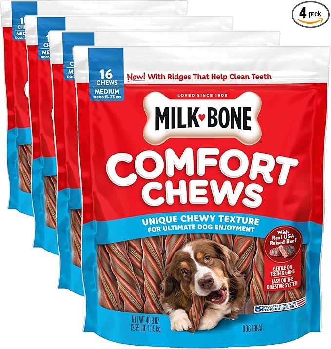 Milk-Bone Comfort Chews, Dog Chew with Unique Chewy Texture and Real Beef, 40.8 Oz. Bag (16 Chews), (Pack of 4)