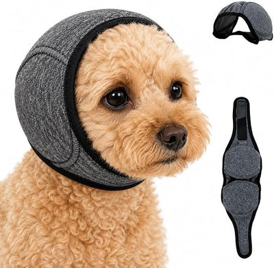 Noise Cancelling Ear Wrap,Quiet Dogs Calming Hoodie,Waterproof Dog Calming Hood,Dog No Shake Ear Muffs Noise Protection Firework Thunder Vacuum,Adjustable for Grooming Bathing & Swimming (Grey-S)