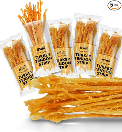 iPaw 5 Packs Value Combo Turkey Tendons for Dogs, Single Protein, Hypoallergenic, All Natural Human Grade Puppy Chew, Rawhide Alternative Dog Treats, Strip (Large)