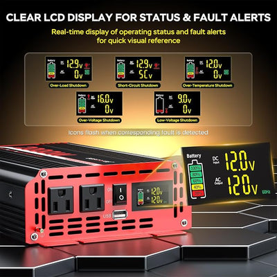 2000W Power Inverter 12V DC to 110V/120V AC Converter, Peak Power 4000W Car Inverter with LCD Display, 2 AC Outlets, 3.1A USB Port for Vehicles, Camping, Travel, Emergency Use