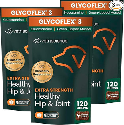 VetriScience Extra Strength Healthy Hip & Joint Chews, GlycoFlex Glucosamine & Green-Lipped Mussel Support Supplement for Dogs, Promote Mobility & Soothe Joint Discomfort, Chicken, 3 Pack
