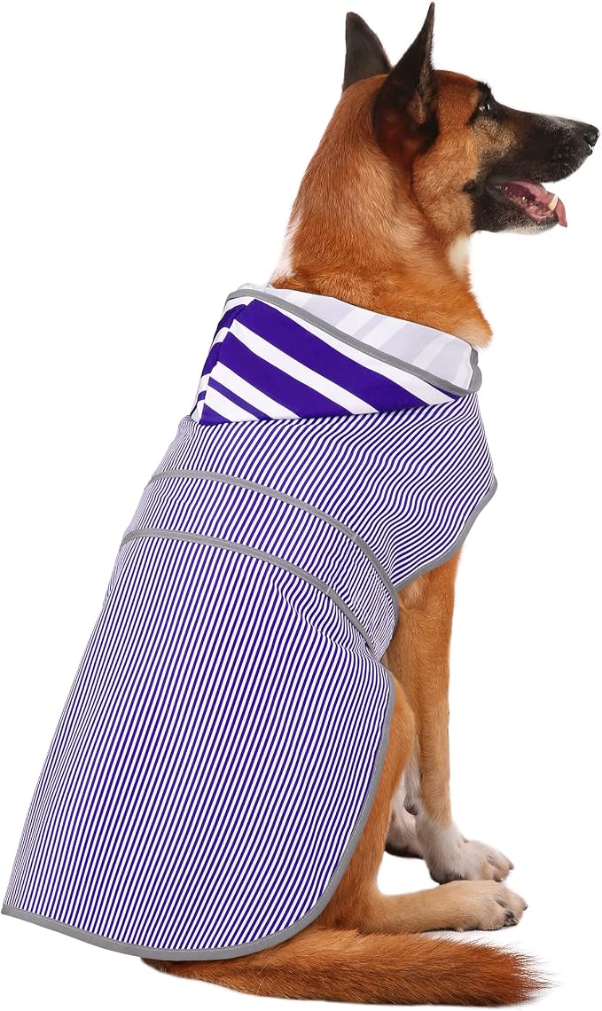 Dog Raincoat for Large Dogs Puppies Waterproof Jacket Hooded Rain Coats with Reflective Strips Leash Hole & Poncho Adjustable Fit (Bluestripe,XXL)