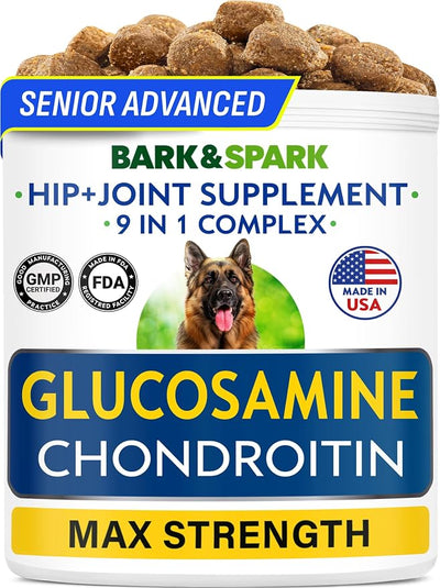 Bark&Spark Senior Advanced Glucosamine Chondroitin for Dogs - Hip Joint Pain Relief - Old Dog Joint Chews Large & Small Breed - Hip Joint Chews Joint Health Care Treats - 120Ct