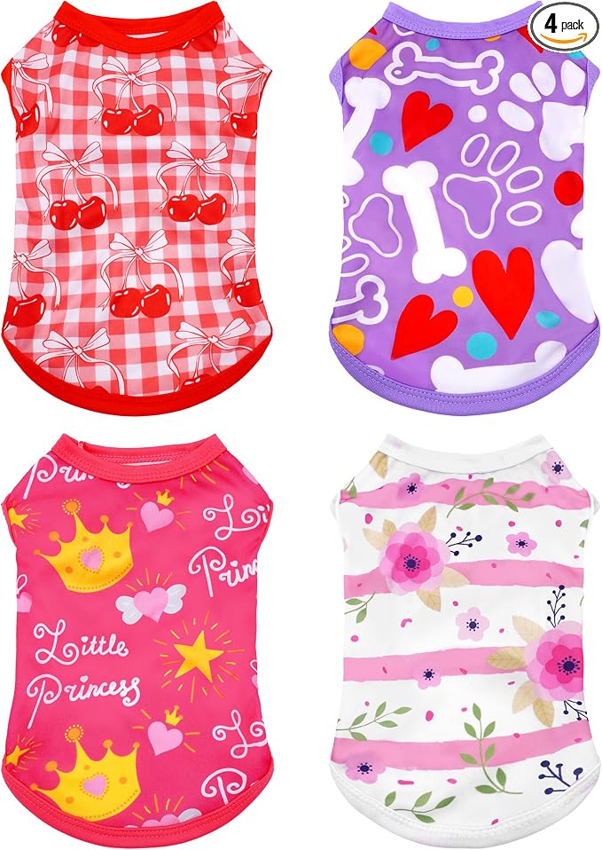 PET SHOW 4 Pack Dog Shirts for Small Dogs Female Tank Top Tee Red Pink T-Shirts Pets Sleeveless Vest Girl Dog Clothes(Large)