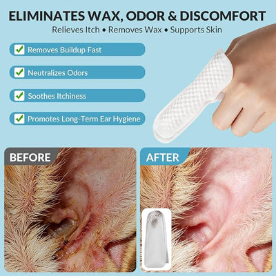 Dog Ear Finger Wipes for Dogs & Cats, Removes Ear Wax & Buildup, Better Than Ear Drops, Larger No-Slip Finger Fit for Better Control, Aloe Vera & Witch Hazel, Gentle for Sensitive Ears - 50 Count