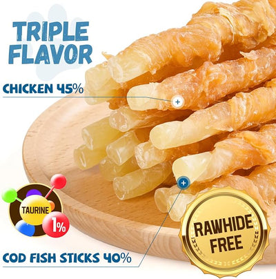 Pawmate Dog Treats Chicken Wrapped Cod Sticks, Natural Chicken Cod Jerky Treats Rich in Omega-3, High Protein Chewy Training Treats Dog Snacks for Small Medium Large Dogs, 15-17 Counts, 10.6 oz