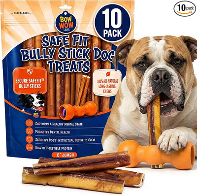 Bow Wow Labs SafeFit™ Bully Sticks for Dogs - 100% All Natural Beef Sticks, Grass-Fed, Low Odor, Long Lasting Dog Chews, Dog Chew Treats, Bully Stick for Small, Medium, Large Dogs - 6" Jumbo 10 Pack