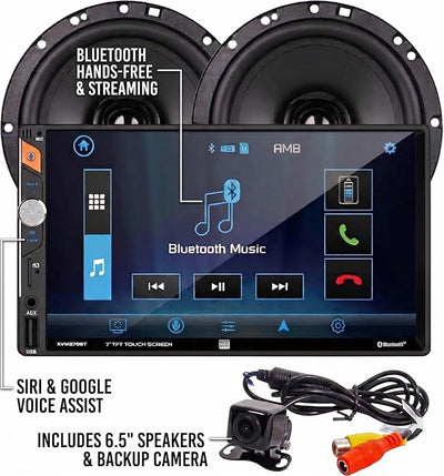 Dual Electronics XCP1101SP 7-inch LED Digital Media Touchscreen Double DIN Car Stereo with (2) 6.5" Speakers & Backup Camera Bundle | Push to Talk Assistant | Bluetooth | USB Fast Charging | microSD