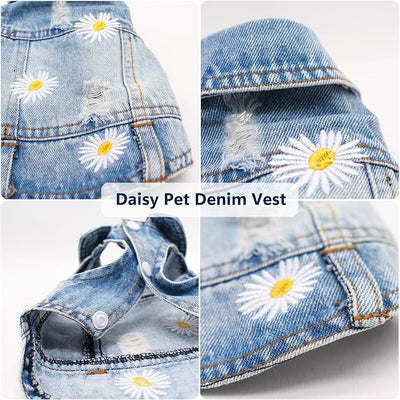 Pet Clothes Vintage Denim Dog Jacket with Daisy Embroidery - Puppy Stylish Pet Coat for Chihuahua, Yorkie Small Breeds - All-Season Comfort (Light-Blue,Large)