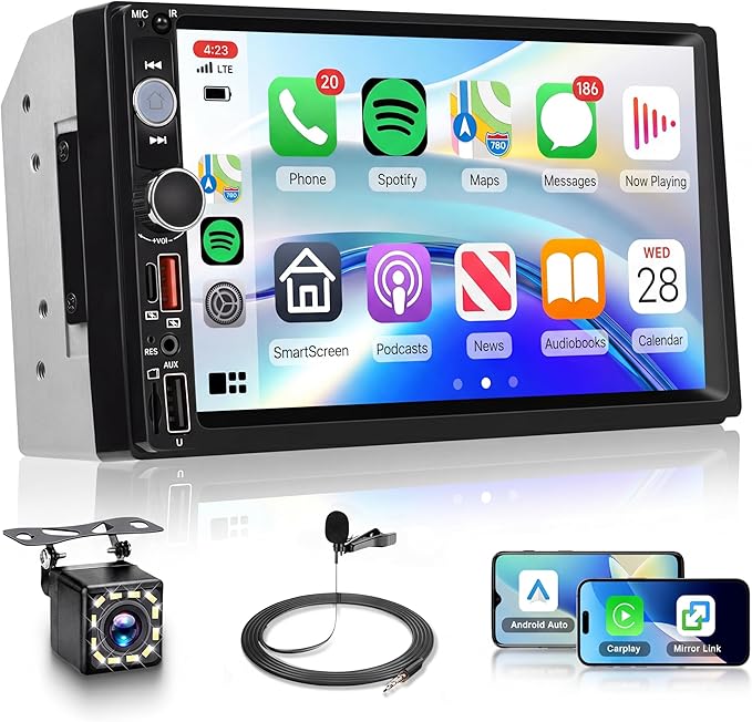 7 Inch Double Din Car Stereo, Wireless CarPlay Android Auto, 2 Din Touch Screen Radio, Bluetooth Stereo, AHD Backup Camera, Mirror Link, FM EQ SWC, Type-C USB Fast Charging, Online Video Playback