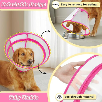 Dog Cone to Stop Licking, Clear Recovery Collar with Detachable Zipper, Sturdy Elizabethan Collar for Large Medium Small Dogs, Soft Adjustable Cone After Surgery Patented, Hot Pink L