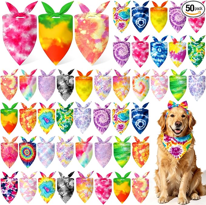 Abbylike 50 Pieces Tie Dye Dog Bandanas Bulk Colorful Hippie Pattern Dog Bandanas for Dogs Triangle Kerchief Scarf Bibs Set for Pets Summer Party Costume Accessories, 25 Styles (31.5 x 21.7 x 21.7)