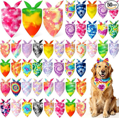 Abbylike 50 Pieces Tie Dye Dog Bandanas Bulk Colorful Hippie Pattern Dog Bandanas for Dogs Triangle Kerchief Scarf Bibs Set for Pets Summer Party Costume Accessories, 25 Styles (31.5 x 21.7 x 21.7)