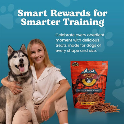 Adventure Shreds Rabbit & Bacon Dog Treats, Soft & Thin Dog Treats for Training & Rewards, Grain-Free Snacks for Pets of All Breeds and Ages - 2.5 Ounce Pouch