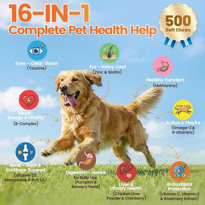 Dog Vitamins and Supplements, 16-in-1 Dog Multivitamin Soft Chews, Daily Nutrition Support for Energy, Heart, Skin & Coat, Digestion, with Taurine, Omega 3, Zinc & B Vitamins, 500 Ct for All Breeds