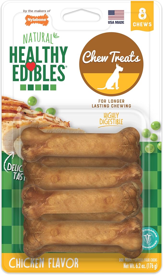Nylabone Healthy Edibles Natural Chews, Long Lasting Dog Bones, Healthy Dog Treats, Chicken Flavor, X-Small (8 Count)