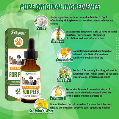 Natural Ear Cleaner for Dogs, Cats, Kitten, Puppy – Gentle Cleansing Ear Wash Solution Mite Infection & Yeast Treatment for Pets – Drying, Healing Medicinal Ear Cleaning Drops Made in USA