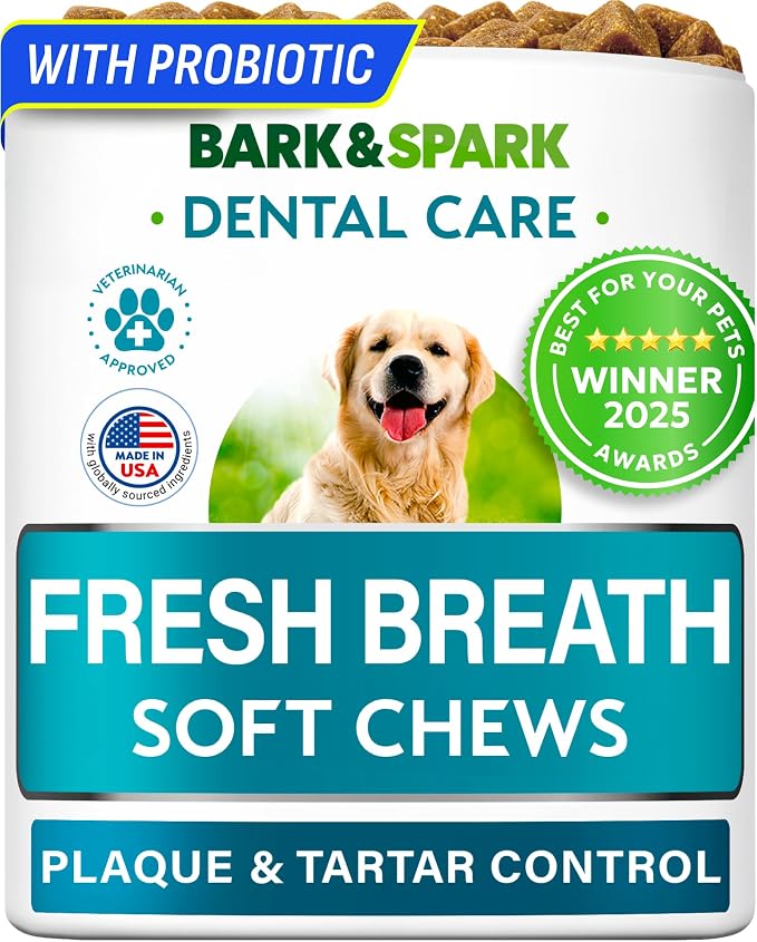 BARK&SPARK Dog Teeth Breath Freshener Chews, Dental Cleaning Treats for Bright Smile - Plaque, Tartar and Bad Breath Advanced Remover for Dogs, Pet Oral Care Bright Co Lab Pro Formula - 90 Servings