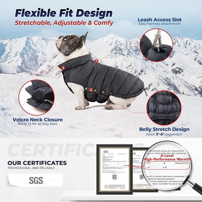 SPACE LION Dog Puffer Jacket, Down Winter Coat, Durable Outdoor Coat for Cold and Windy Conditions, Lightweight & Adjustable Fit Coats for Small & Medium Dogs, (Black, Size12/M)