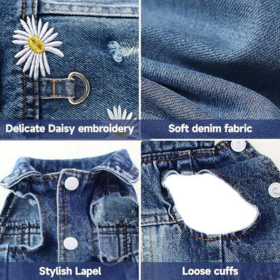 Dog Jean Jacket, Blue Denim Shirt Classic Lapel Vest Coat Costume Puppy T-Shirt, Comfort Tank Top Cool Apparel, Washed Pet Clothes for Dogs Boy Girl (Daisy Meadow with D-Ring, X-Small)