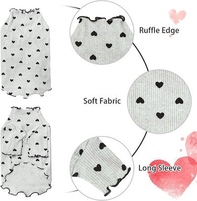 Pet Clothes for Small Dogs Cat Summer Fall Heart Print Shirt Stretchable Ruffle Long Sleeve Outfits for Chihuahua Schnauzer Shih Tzu Yorkie (Grey, X-Large)