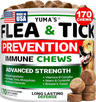 Flea and Tick Prevention for Dogs Chewables - 170 Treats - Natural Dog Flea and Tick Treatment Chewable Supplement - Oral Pills - All Breeds & Ages - Soft Chews - Made in USA - Bacon Flavor