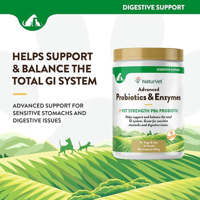 NaturVet – Advanced Probiotics & Enzymes - Plus Vet Strength PB6 Probiotic | Supports and Balances Pets with Sensitive Stomachs & Digestive Issues | for Dogs & Cats (1 lb)
