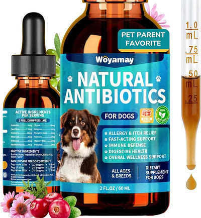 Woyamay Antibiotics for Dogs | Natural Dog Antibiotics for Allergy Relief, Itch Relief, Coughs, Skin Health, Breath Treatment, Digestion | Herbal Supplement to Care for Ears, Eyes & Coat, 2 Fl Oz