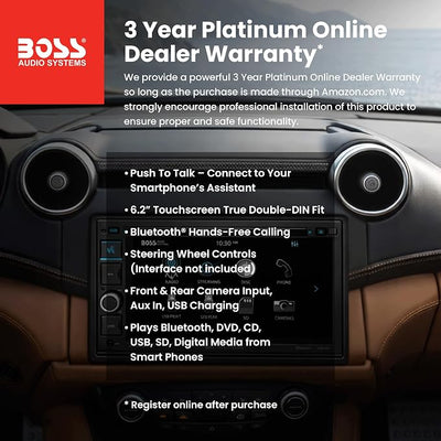 BOSS Audio Systems BV9364B Car Stereo DVD Player - Double Din, Bluetooth Audio/Hands-Free Calling, 6.2 Inch Touchscreen LCD Monitor, MP3 Player, CD, DVD, USB Port, SD, AUX Input, AM/FM Radio Receiver