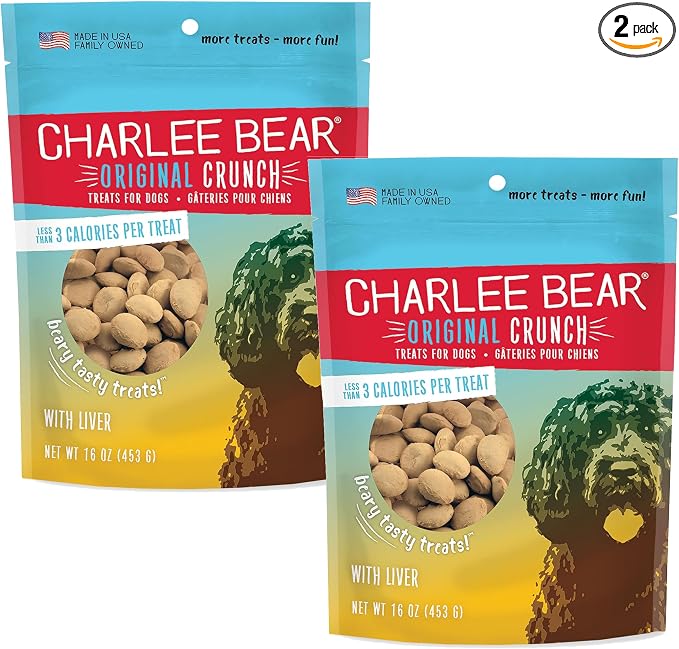 Charlee Bear Original Crunch Dog Training Treats, Liver Flavor, 3 Calories Each, Low Calorie Natural Rewards for Puppies to Adult Dogs, Made in USA, 16 oz (2-Pack)