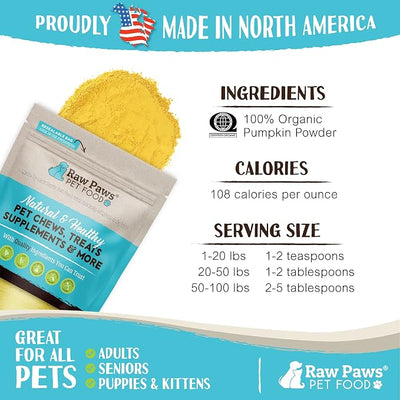 Raw Paws Organic Pumpkin Powder for Dogs & Cats (8-Ounce) - Fiber Digestion | Supplement - Firm Stool - Anal Gland Support - Food Topper Sprinkles - Made in USA - Anti-Scoot - Vegan Gravy - Meal Booster