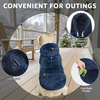 SCENEREAL Fleece Dog Sweaters Hoodie for Small Medium Large Dogs Girls Boys, Plush Fuzzy Dog Clothes Hoodies with Leash Hole, Winter/Fall Puppy Cold Weather Coat, Sherpa Hooded Sweatshirt, Navy S