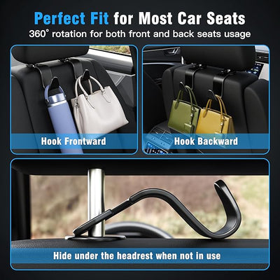 Amooca 4-Pack Car Headrest Hooks Vehicle Storage Organizer for Purses Handbags Groceries Backpack Coats –Holds 55lbs 360° Rotating Black
