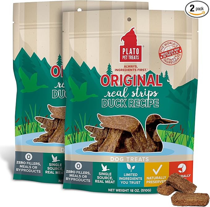 PLATO Pet Treats Real Strips - Air-Dried Meat Bars for Dogs - Delicious, Limited Ingredient Dog Treats - Grain Free Dog Treats - Original Real Strips Duck 18oz - 2 Pack