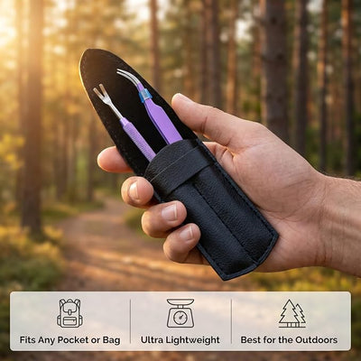Premium Tick Removal Tool Kit – Stainless Steel Tick Tweezers & V-Notch Remover, Tick Remover for Dogs & Humans with Leather Case & Tick Identification Card (Purple)