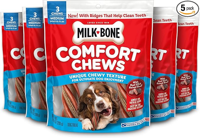 Milk-Bone Comfort Chews, Dog Treats with Unique Chewy Texture and Real Beef, 3 Chews (Pack of 5)