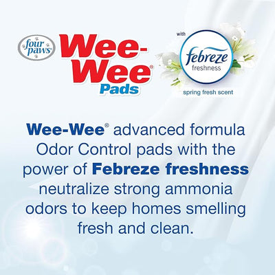 Four Paws Wee-Wee Odor Control with Febreze Freshness Pee Pads for Dogs & Puppies, Leak-Proof Dog Housebreaking Potty Training Floor Protection, Spring Fresh Scent, 22" x 23", 100 Count