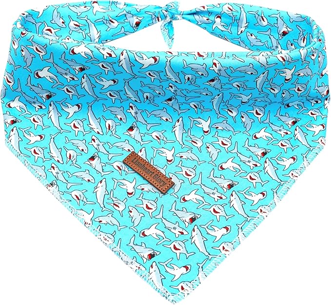 Lionheart Glory Bandana - Washable Soft Blue Scarf With Shark Print, Adjustable for Small Medium Large Dogs