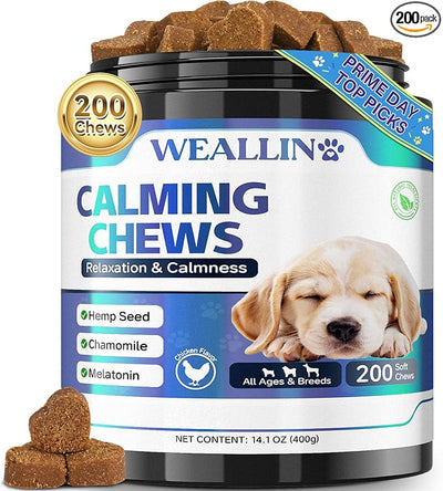 WEALLIN Calming Chews for Dogs, Dog Calming Chews with Organic Hemp Seed Oil & Powder, Soft Calming Treats for Stressful Moments, Travel, Thunder, Fireworks, Chicken Flavor, 200 Chews