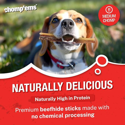 CHOMP 'EMS Purehide Chews - Slow Roasted Naturally Delicious Rawhide Dog Treats - High Protein Beef Hide - Bacon Flavor, Sticks, 8.5 Oz.