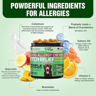 VET TREAT Dog Allergy Relief Chews - 120 Dog Allergy Chews - Itch Relief for Dogs - Anti Itch for Dogs - Dry & Itchy Skin - Allergies & Immune Support Supplement, Omega 3 Fish Oil, Probiotics - USA