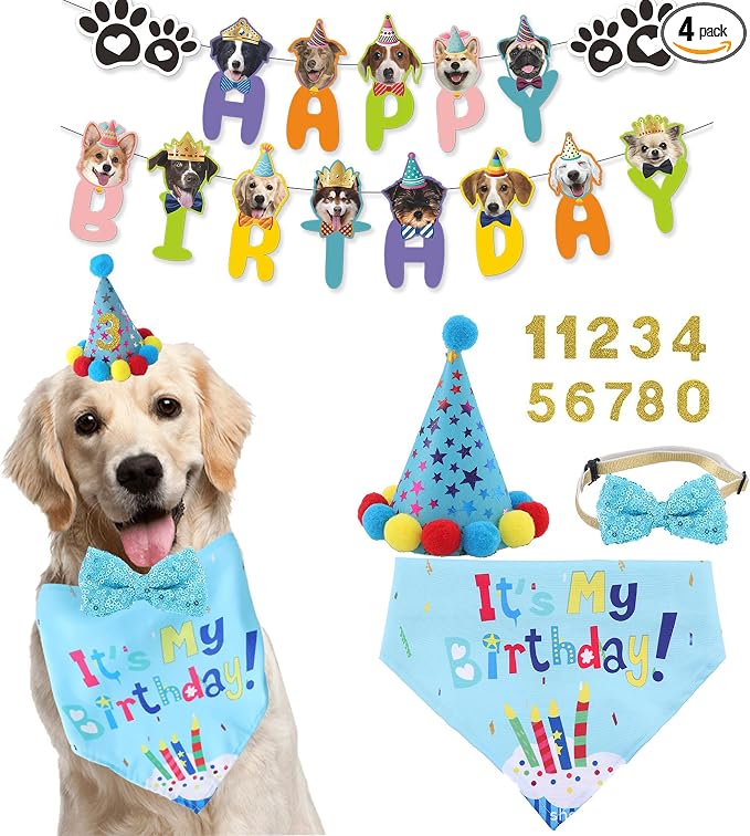 Dog Birthday Decorations,Puppy Birthday Party Outfits, Birthday Hat,Bow Tie,Bandana,Happy Birthday Banner,Pet Theme Suit Apparel & Accessories for Boy Golden Doodle Teddy Husky Labrador(4PCS Blue)