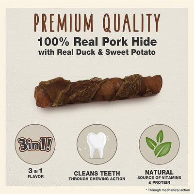 Cadet Gourmet Triple Chews Long-Lasting Pork Hide Sticks with Sweet Potato and Duck, Healthy Dog Treats for Small & Large Dogs, 18 Count