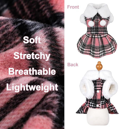 Dog Sweater with Leash Set D Ring Plaid Fleece Dog Clothes for Small Dogs Girl Boy Winter Puppy Dress Cold Weather Coat Fall XXS Sweater for Chihuahua Yorkie Cat Doggy Costumes, Pink, S