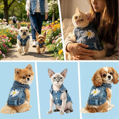 Denim Vest Jacket for Small Medium Dog Clothes Jean Apparel Cute Outfit for Dog Cat Girls Boys Puppy Costume Dog Harness Dress Shirt Chihuahua Yorkie (One Daisy with D Ring, XX-Large)
